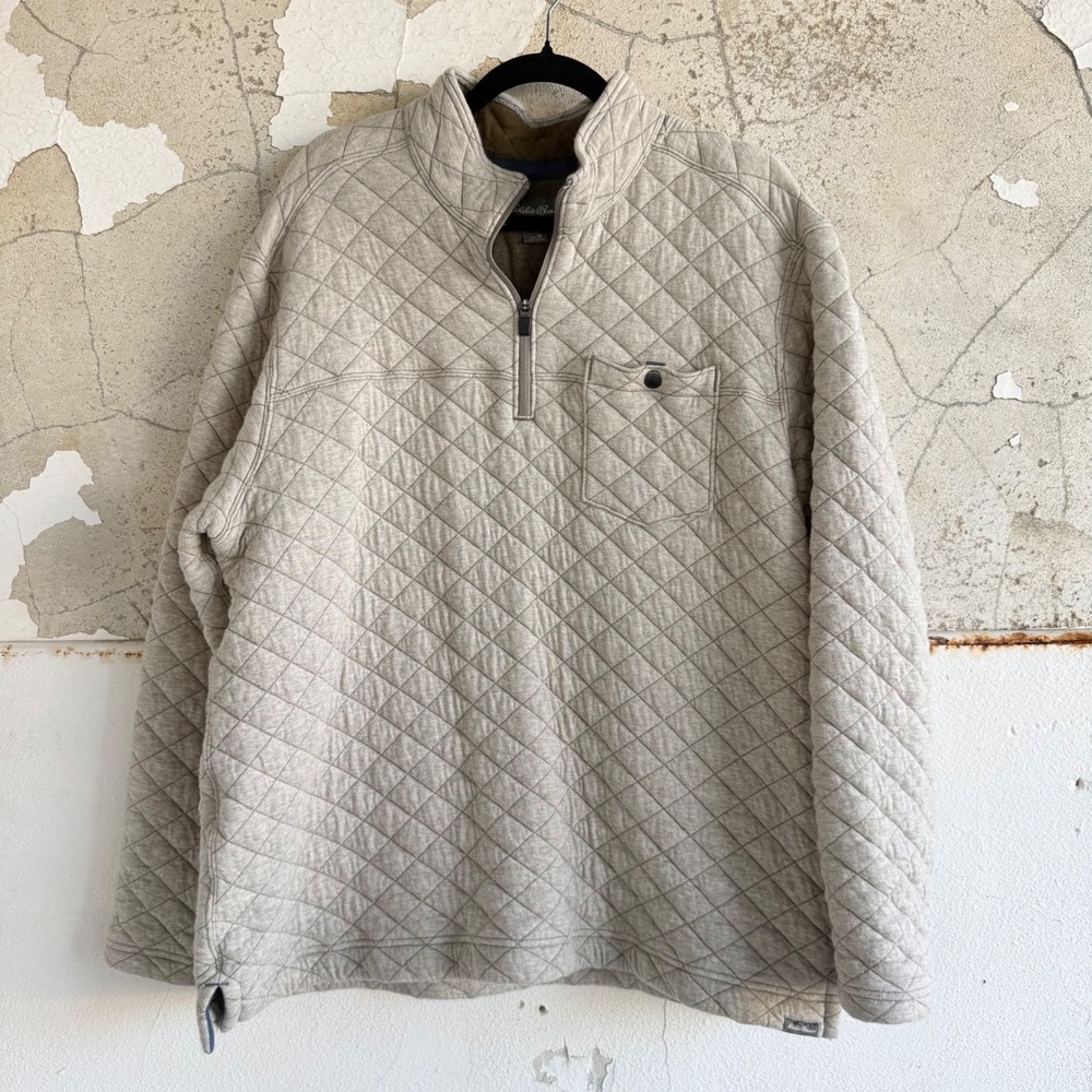 Eddie Bauer Quarter Zip Quilted Pullover Oatmeal  Mock Neck Mens XL Outdoor Work